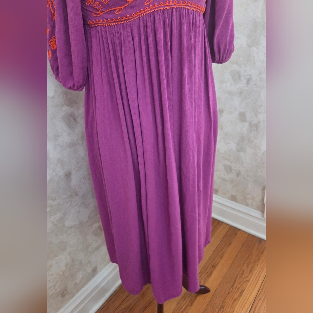 Free People Mauve Embroidered Boho Mini Dress Puff Sleeve Empire Waist XS - Picture 9 of 10